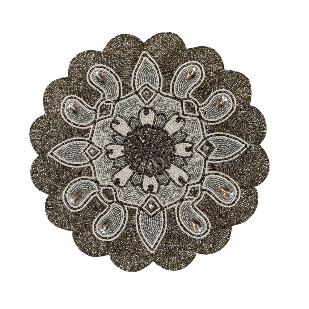 Pier 1 Imports Placemat Home 15in‎ Silver Good Beaded Crystal Mandala Scalloped